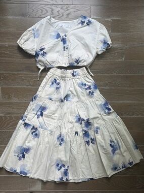 Zara Two-Piece Floral Skirt (6Y) Set with Blue Watercolor Blooms (7Y)